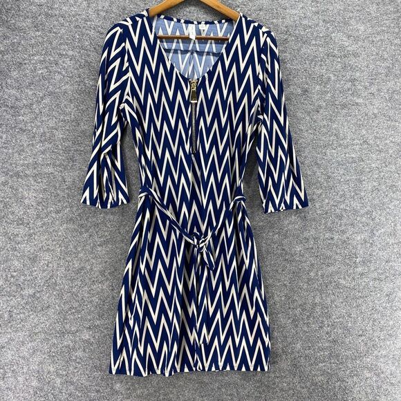 Tacera Dress Women S Small Blue Striped Sheath Short Zipper V-Neck Belted Casual - Picture 1 of 9